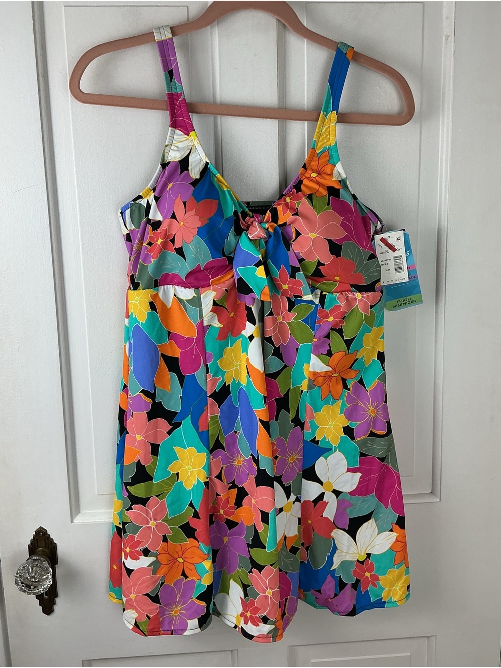 Swim Solutions Bow-Front Swim Dress One Piece Swimsuit Tropical Multi 16 NWT